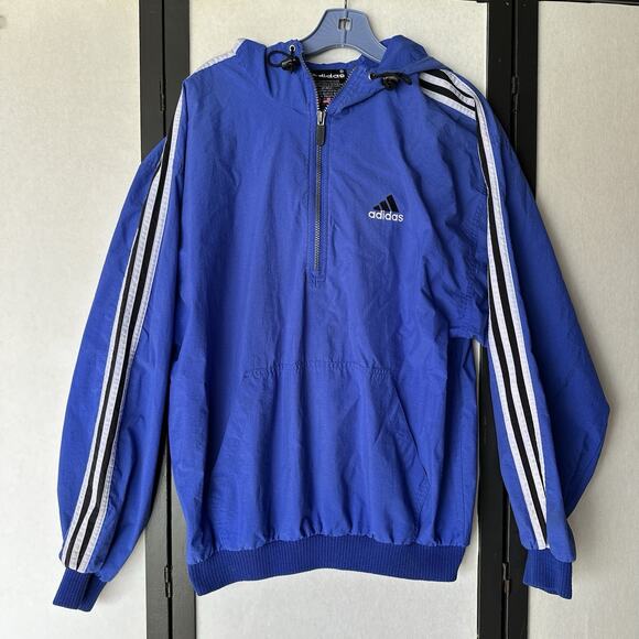 Adidas Jacket Men's Medium Blue Embroidered Zip Hoodie Windbreaker 90s VTG Nylon - Picture 1 of 5